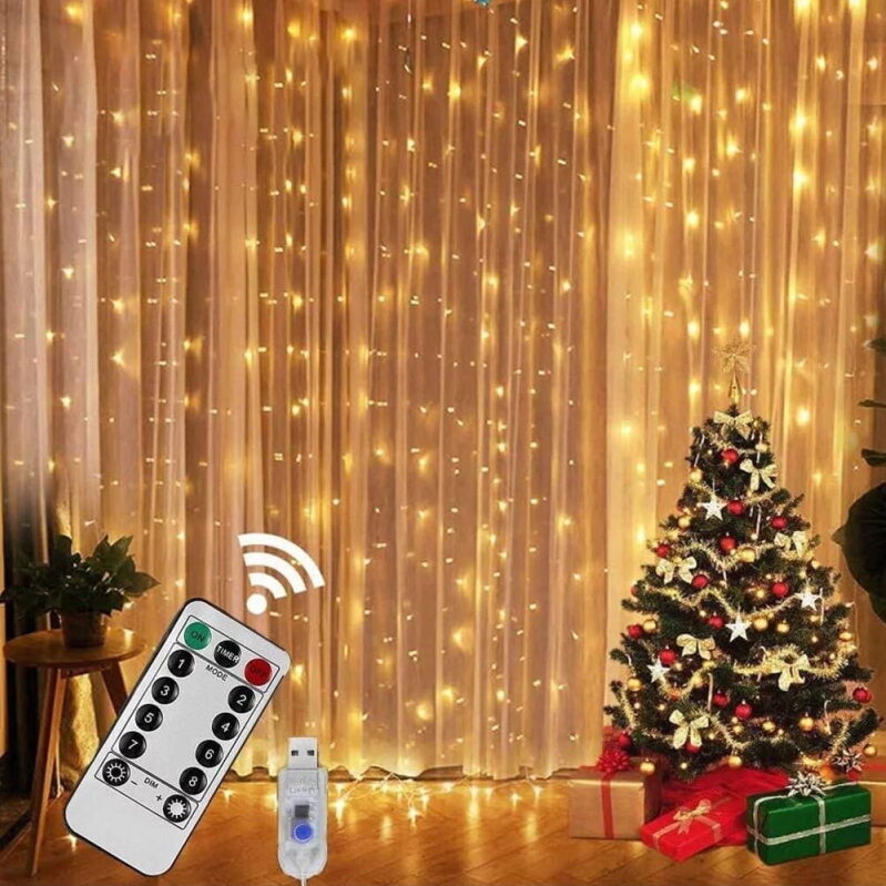 Qunler 9.9x9.9ft Window Curtain String Light, 8 Modes - USB Remote Control