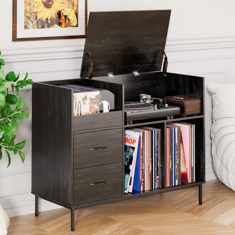 Stylish Vinyl Record Storage Cabinet with Flip-Top and Drawers