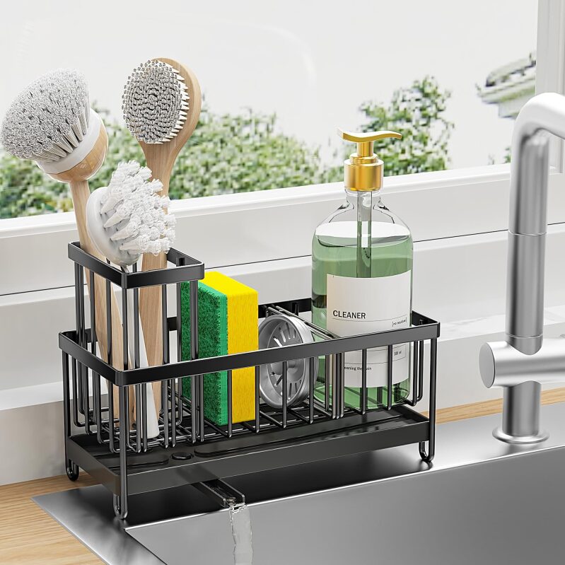 Cisily Black Sponge Holder for Kitchen Sink - Efficient and Durable Sink Caddy Organizer