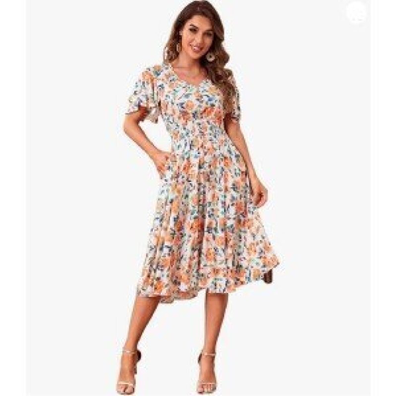 NERLEROLIAN Floral Print V-Neck Button Dress for Women