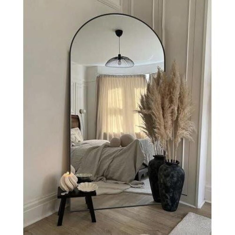 Affordable Full-Length Standing Mirror - 76x34 Inches, Black Arched Design