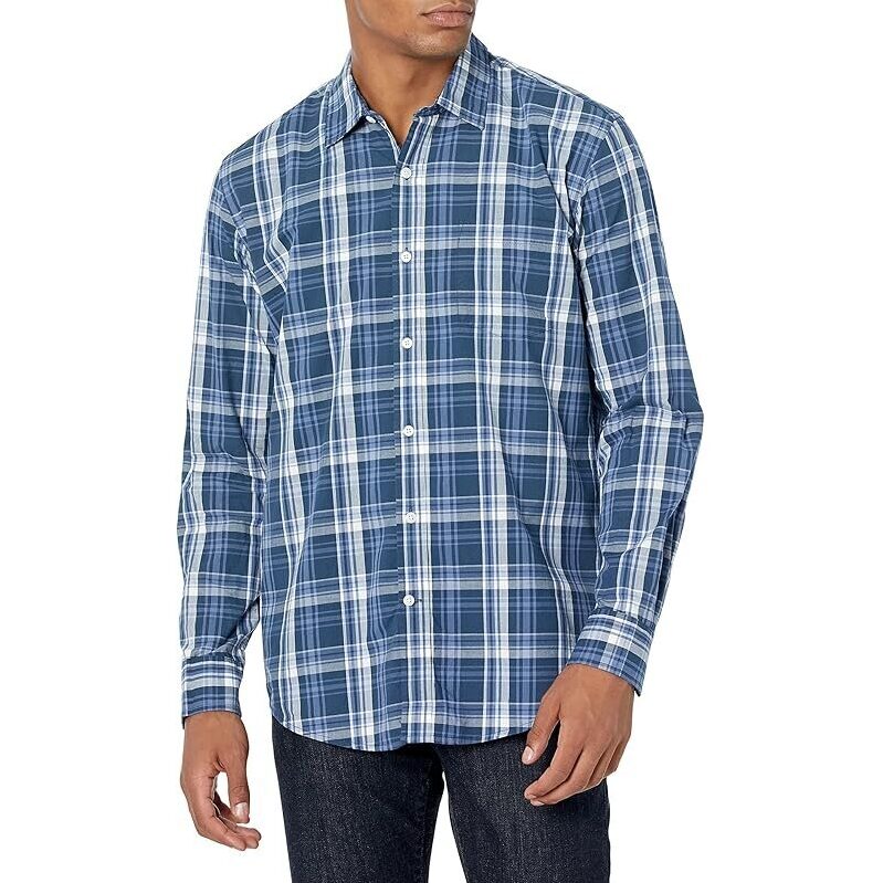 Amazon Essentials Men's Casual Long-Sleeve Poplin Shirt - Regular Fit, Blue Plaid