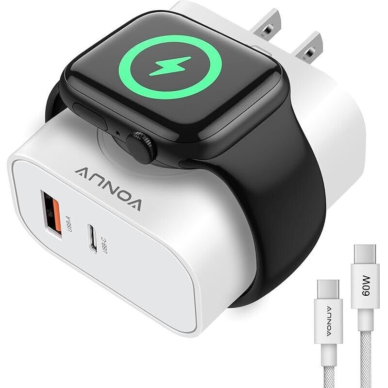 Efficient 3-in-1 Dual USB Wall Adapter & Apple Watch Charger