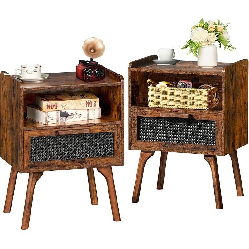 Lerliuo Rattan Nightstands Set of 2 with Drawer Open Shelf
