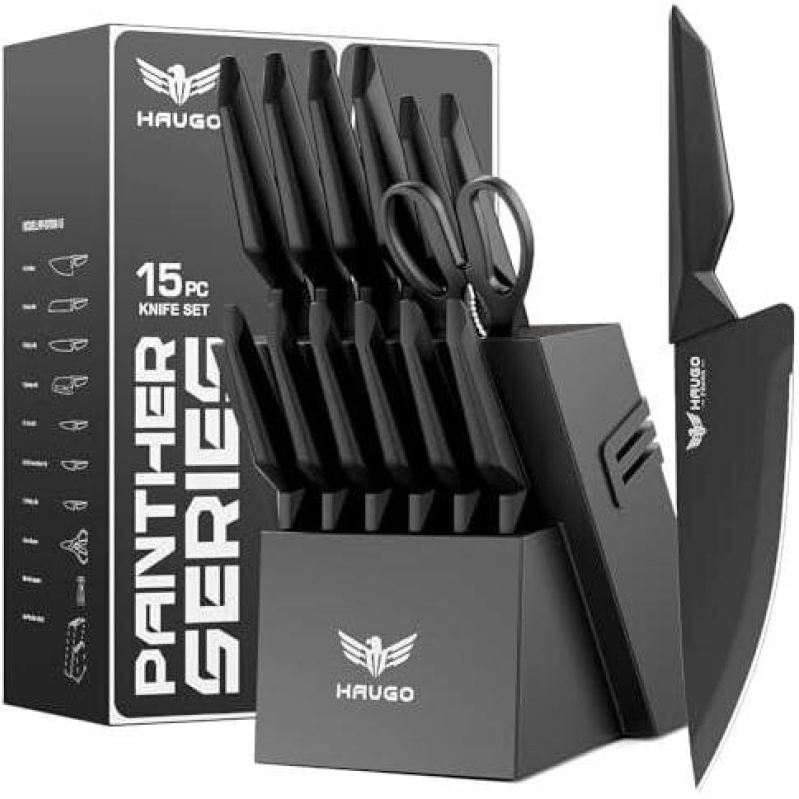HAVGO Panther Series 15-Piece High Carbon Steel Knife Set with Block - 52% Discount