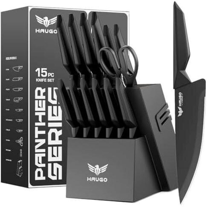 HAVGO Panther Series 15-Piece High Carbon Steel Knife Set with Block - 52% Discount