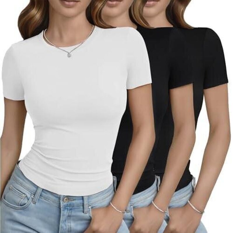 GAYHAY 3 Pack Basic Tees for Women – Crew Neck Slim Fit Tight T Shirts Cute Y2K Trendy Crop Tops Clothes for Casual Summer 46%OFF