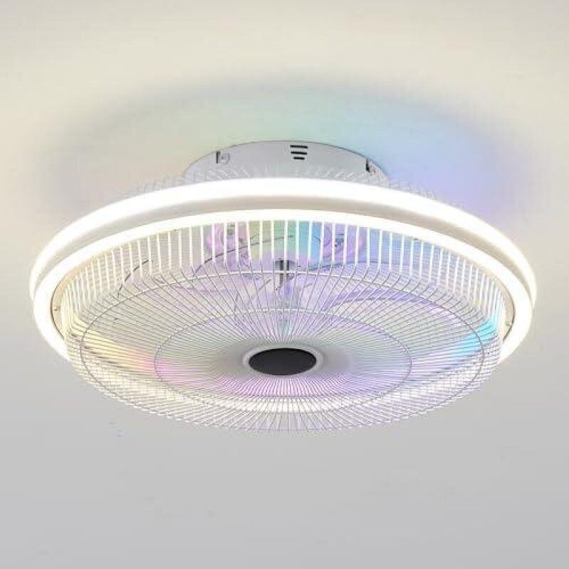 Modern White Caged Ceiling Fan with RGB Lights & Remote Control