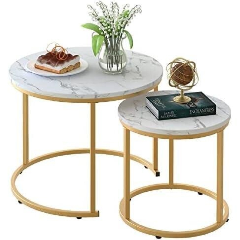 Affordable 2-Piece White Coffee Table Set with Marble Design and Gold Accents