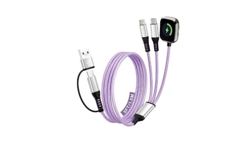 3 in 2 USB A/C Cable for iPhone 17, iWatch, iPad - Braided Charging Cable