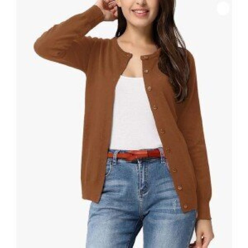 GRACE KARIN Round Neck Long Sleeve Knit Cardigan - Classic Elegance
