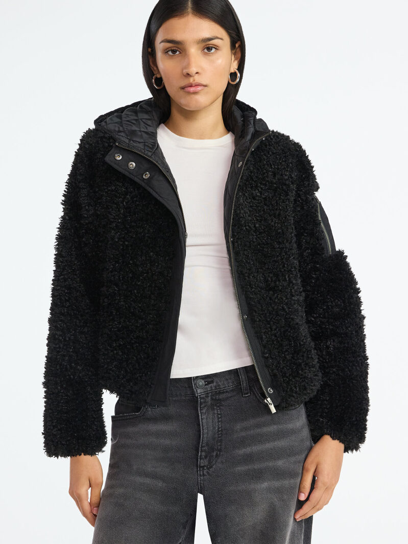 Scoop Women's Mixed Media Teddy Jacket with Hood, Midweight