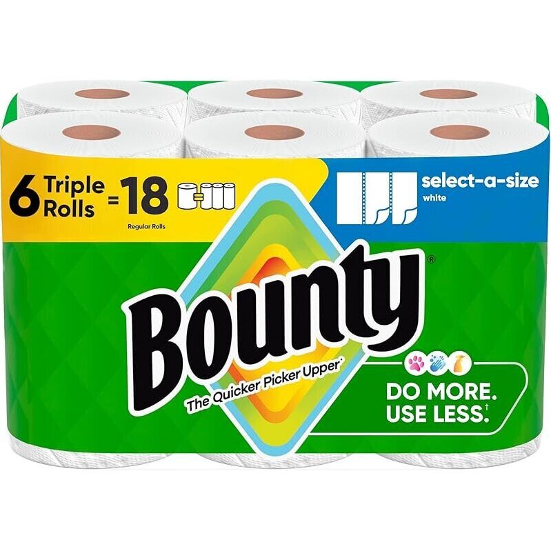 Bounty Select-A-Size Paper Towels, White, 6 Triple Rolls - Efficient Cleaning