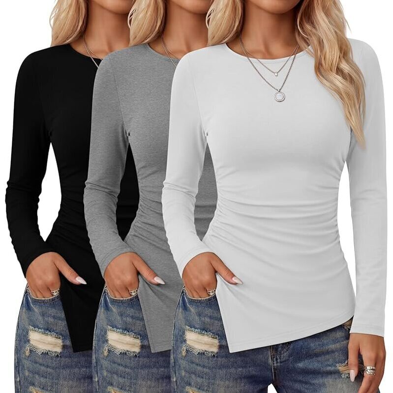 3pk Velvelhall Asymmetrical High Low Split Ruched Long Sleeve Shirts