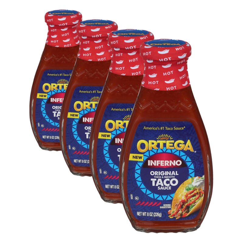Ortega Inferno Hot Taco Sauce 4-Pack - Perfect for Tacos, Burritos, Pizza, and More
