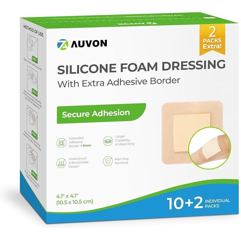 12-Pack Auvon Silicone Foam Dressing 4-in x 4-in - High Absorption Wound Care
