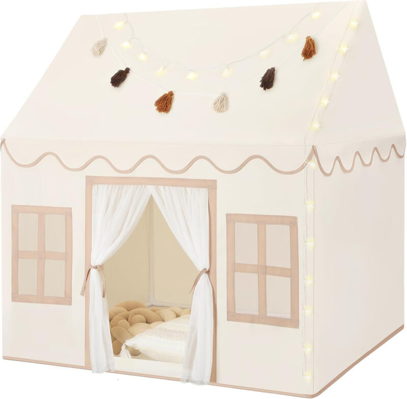 Affordable Indoor Play Tent for Kids with Star Lights and Fringe Decor