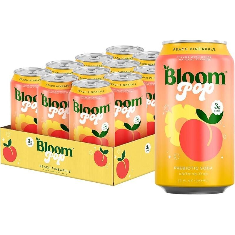 12-Pack Bloom Pop Prebiotic Soda Peach Pineapple 12oz Cans - Healthy, Natural Beverage