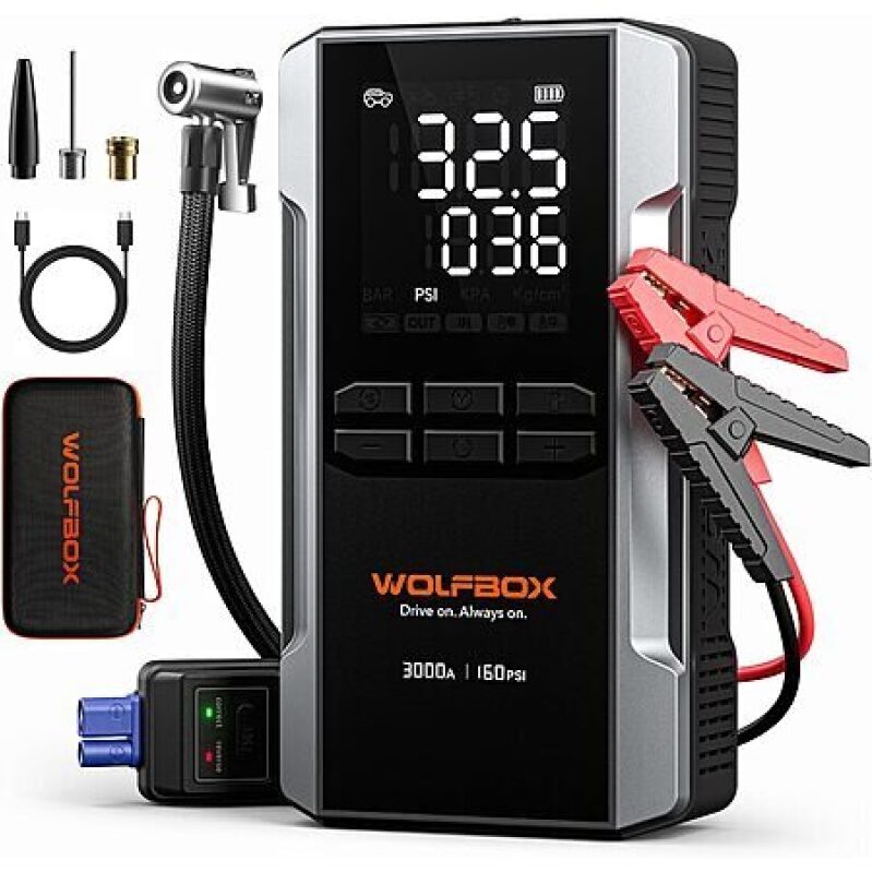 Powerful WolfBox 3000A Jump Starter & Compressor with Free Shipping