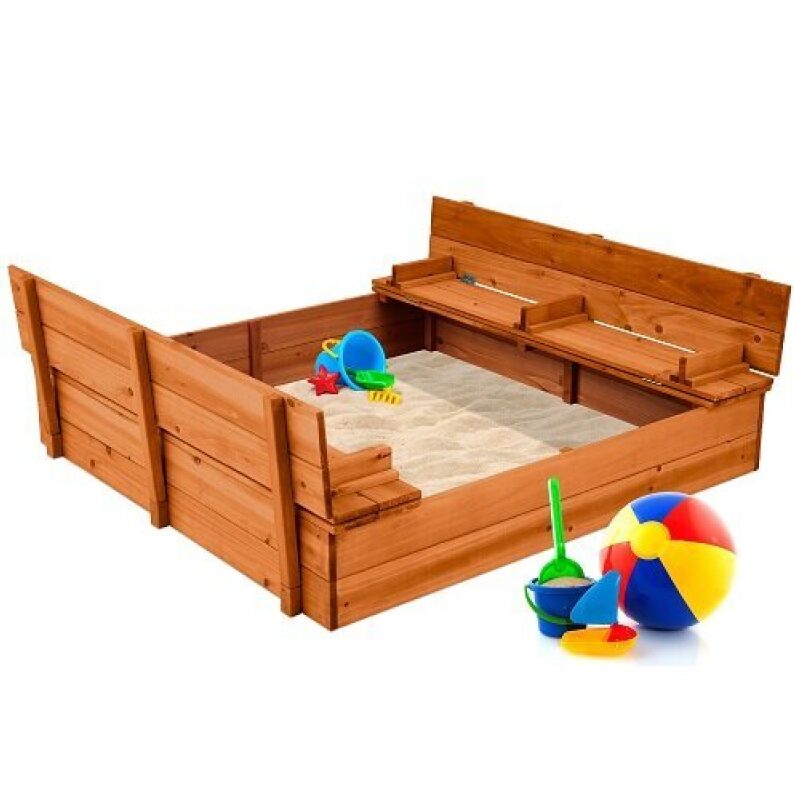 Outdoor Wooden Sandbox with Benches - 49