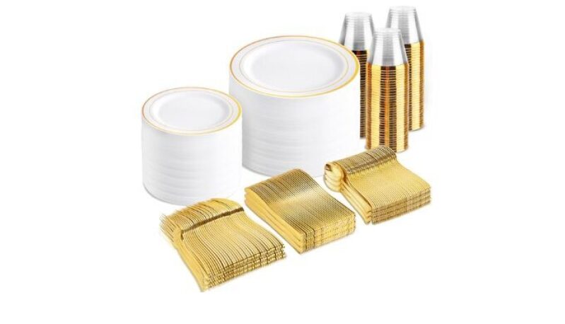 Elegant 600Pcs White and Gold Plastic Plates for Parties