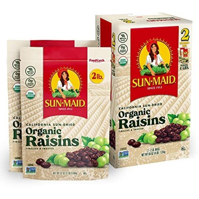 Sun Maid Organic Raisins - 2lb Packs x 2, 32oz Each - Organic, Natural, CCOF Certified
