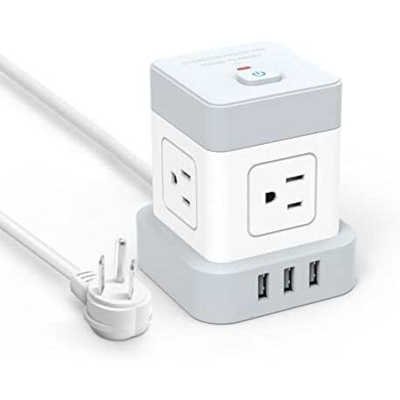 Power Strip with USB: Flat Plug Extension Cord, 4 Outlets, 3 USB Ports, 5ft Cord, Surge Protection, Compact Portable