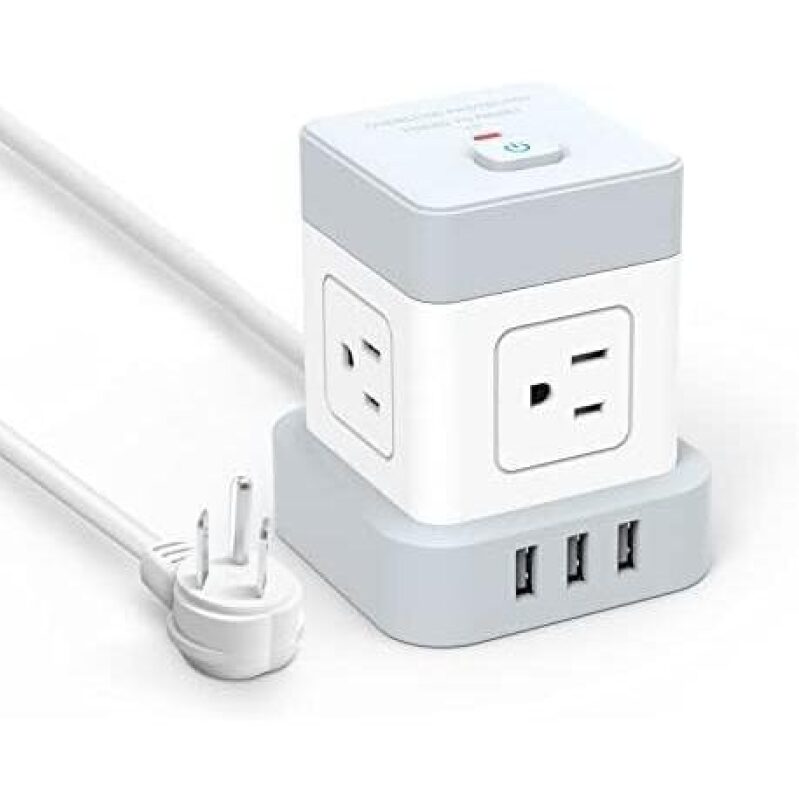 Power Strip with USB: Flat Plug Extension Cord, 4 Outlets, 3 USB Ports, 5ft Cord, Surge Protection, Compact Portable