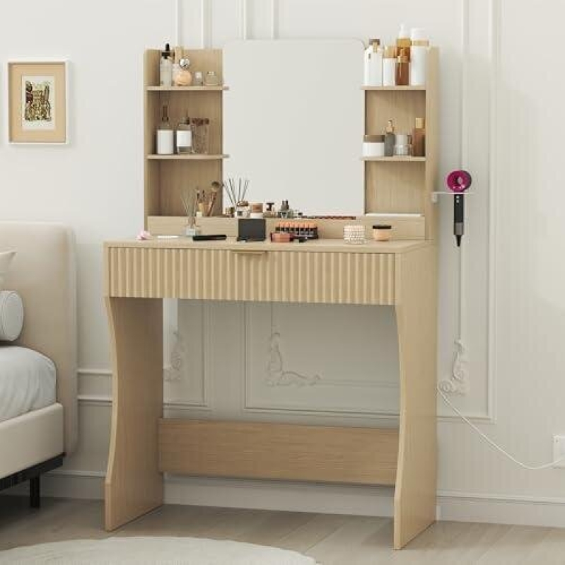 Natural Wood Makeup Vanity with Mirror and Outlets - 50% Discount