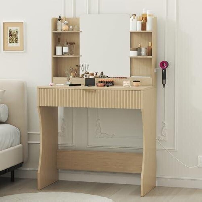 Natural Wood Makeup Vanity with Mirror and Outlets - 50% Discount