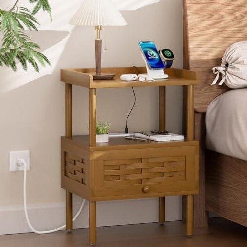 Bamboo Bedside Table with Charger - 50% OFF