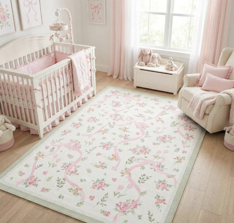 Large Floral Patterned Anti-Slip Rug - Perfect for Girls' Bedrooms