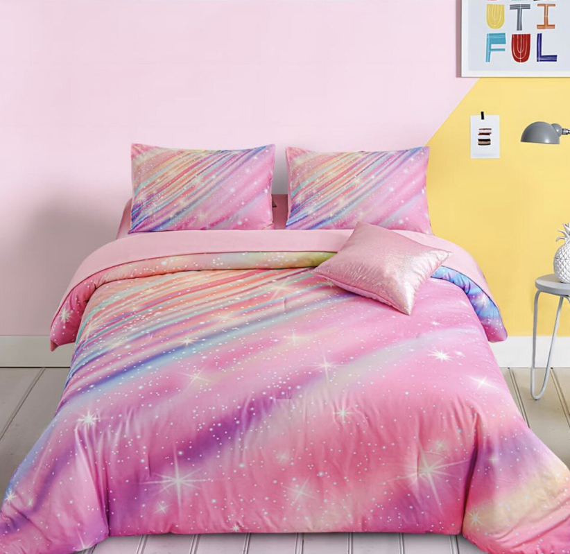 Twin Size Bedding Set - Pink Rainbow Stars - Soft & Comfortable