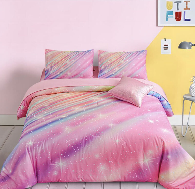 Twin Size Bedding Set - Pink Rainbow Stars - Soft & Comfortable