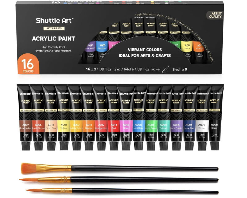 Affordable 16-Color Acrylic Paint Set with Free Brushes