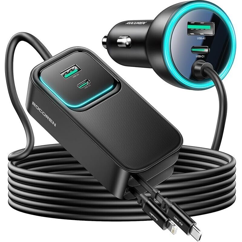 Powerful 6-Port USB Car Charger with 2 Retractable Cables