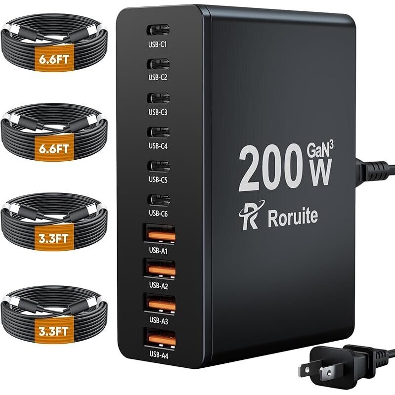 Powerful Roruite USB C Charging Station 10 Port with 4 Cables - Maximize Your Device Charging