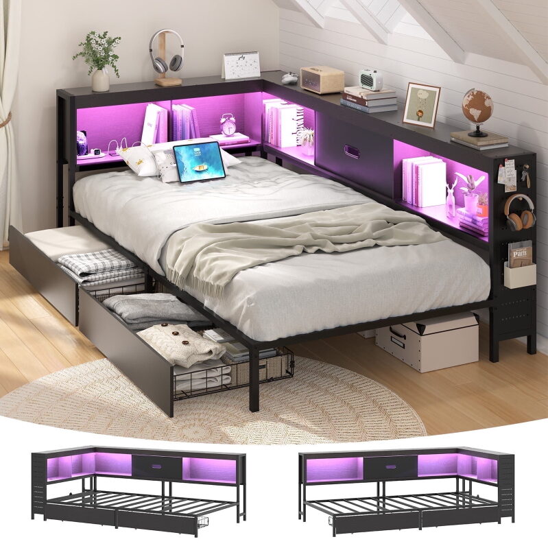 Lusimo Twin Corner Bed Frame with Bookcase Storage and LED Lights