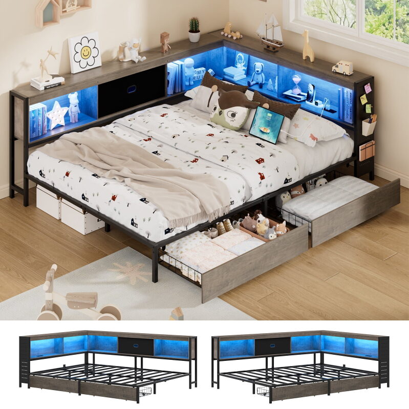 Maximize Space with Lusimo Full Corner Bed Frame with Bookcase Storage