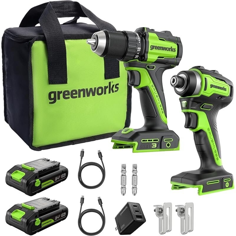 Greenworks 24V Cordless Brushless Drill + Impact Driver Combo - Versatile DIY Power Tool