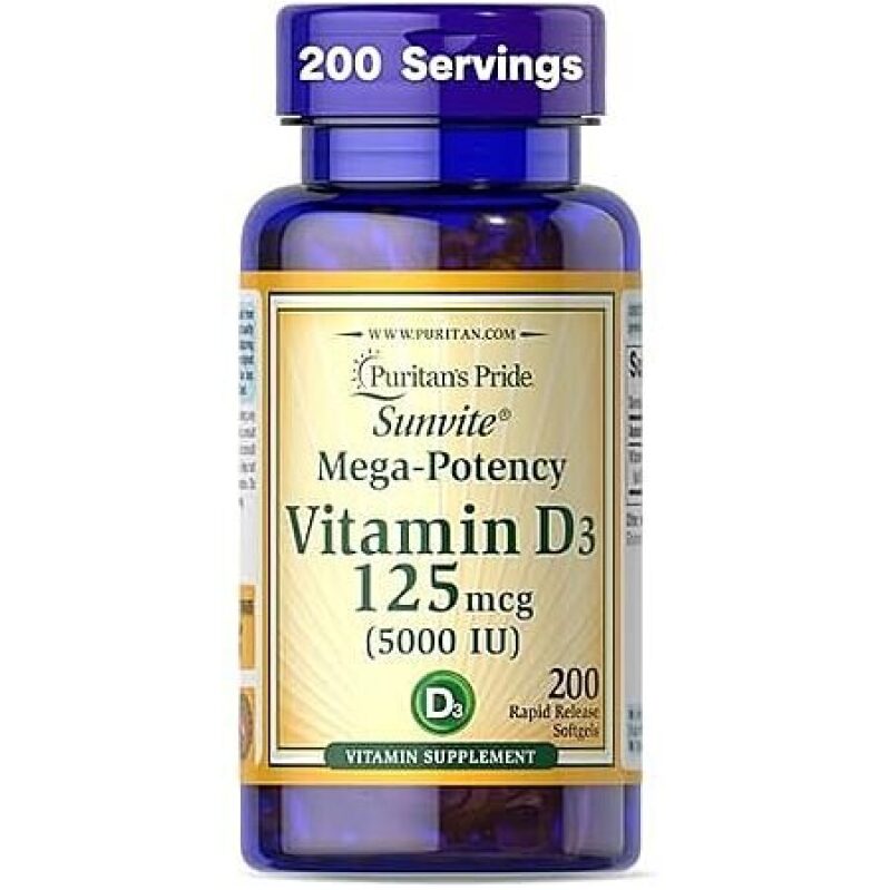 Puritan's Pride Vitamin D3 5000 IU Softgels Supplement - 200 Count, Mega-Potency