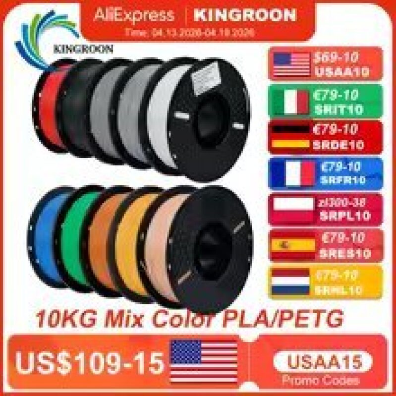 KINGROON 22LBS PETG or PLA Filament for 3D Printers - 10 Rolls 1KG
