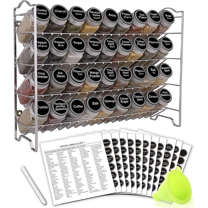 SWOMMOLY Spice Rack Organizer 4-Tier w/36 Empty Square Spice Jars
