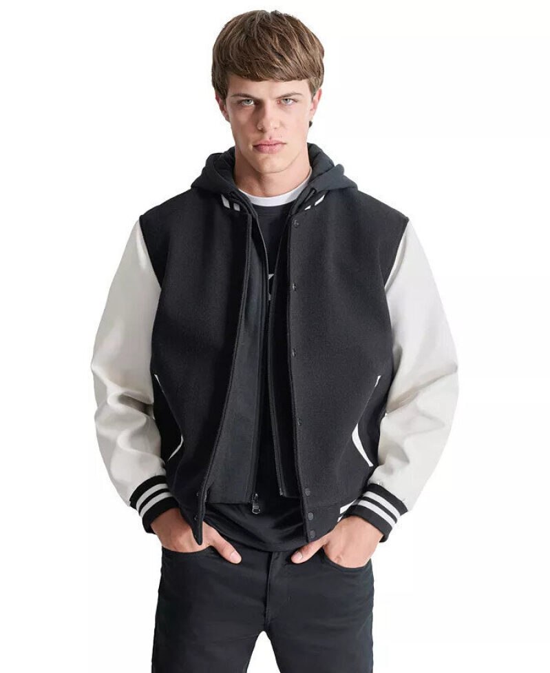 DKNY Men's Contrast Color Detachable Hood Baseball Jacket - $49.99