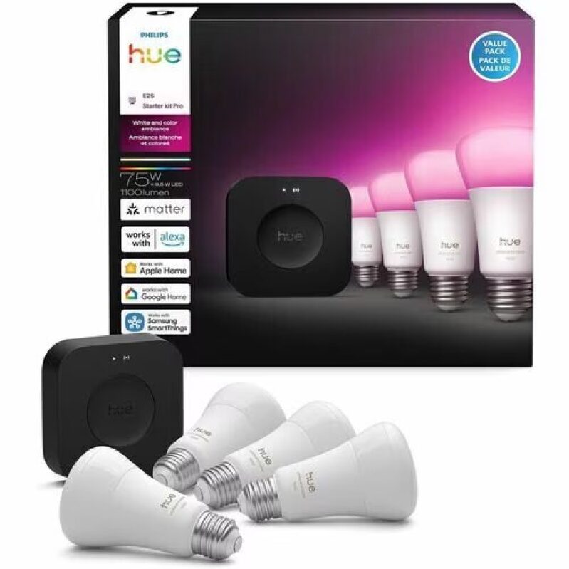 Philips Hue Color 4 Pack 75W Bulb + Hue Pro Bridge - Smart Home Lighting