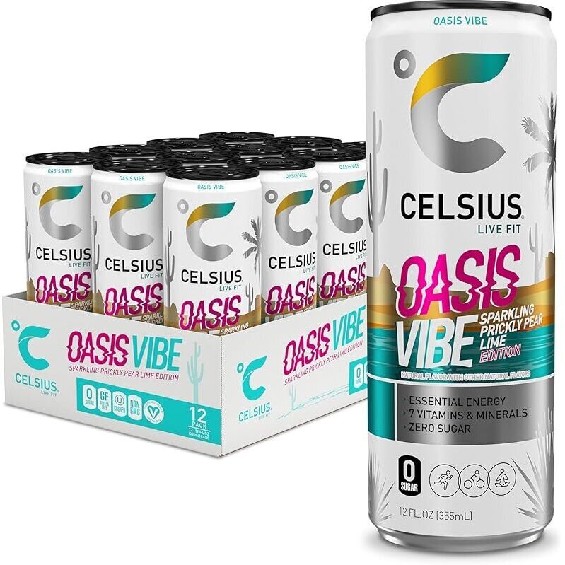 Celsius Oasis Vibe Sparkling Prickly Pear Lime Energy Drink - Essential Energy Boost