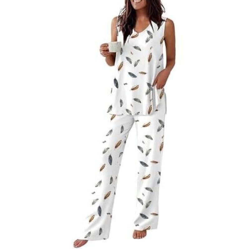 50% Off Women's Feather Print Sleeveless V-Neck Pajama Set