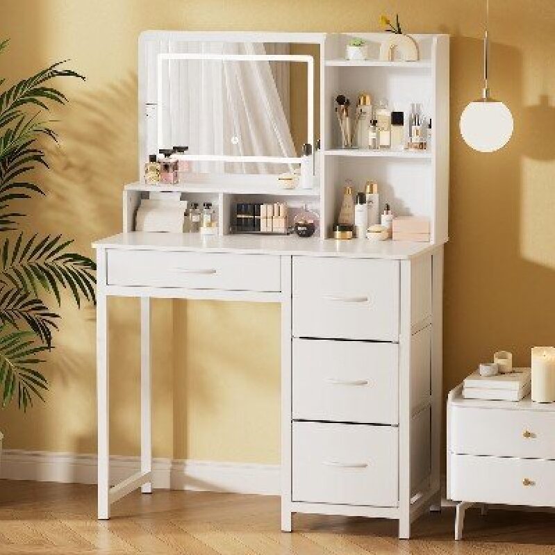 Elegant White Makeup Desk with Mirror and Light
