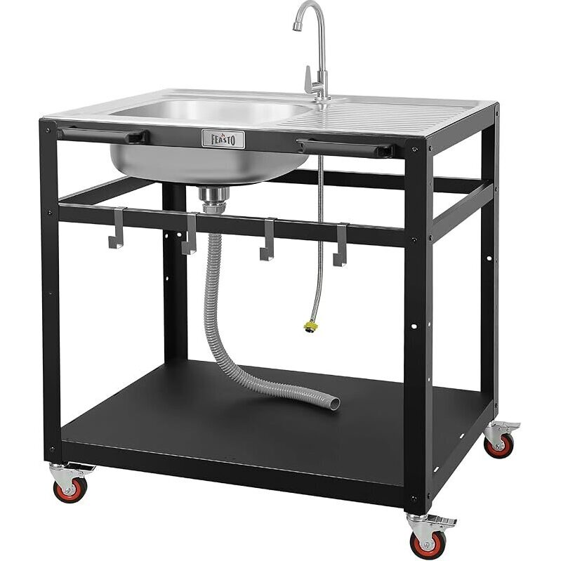 Feasto 35-inch Outdoor Grill Cart with Stainless Steel Sink - All-in-One Convenience