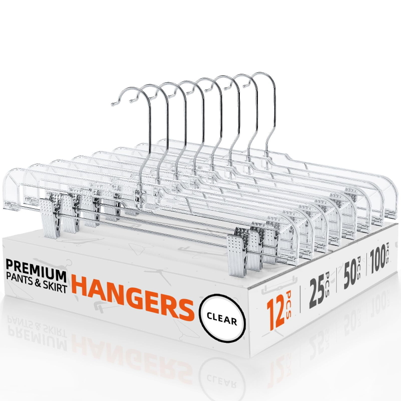 12-Pack Clear Pants Hangers with Clips - Durable, Clear, 14-Inch